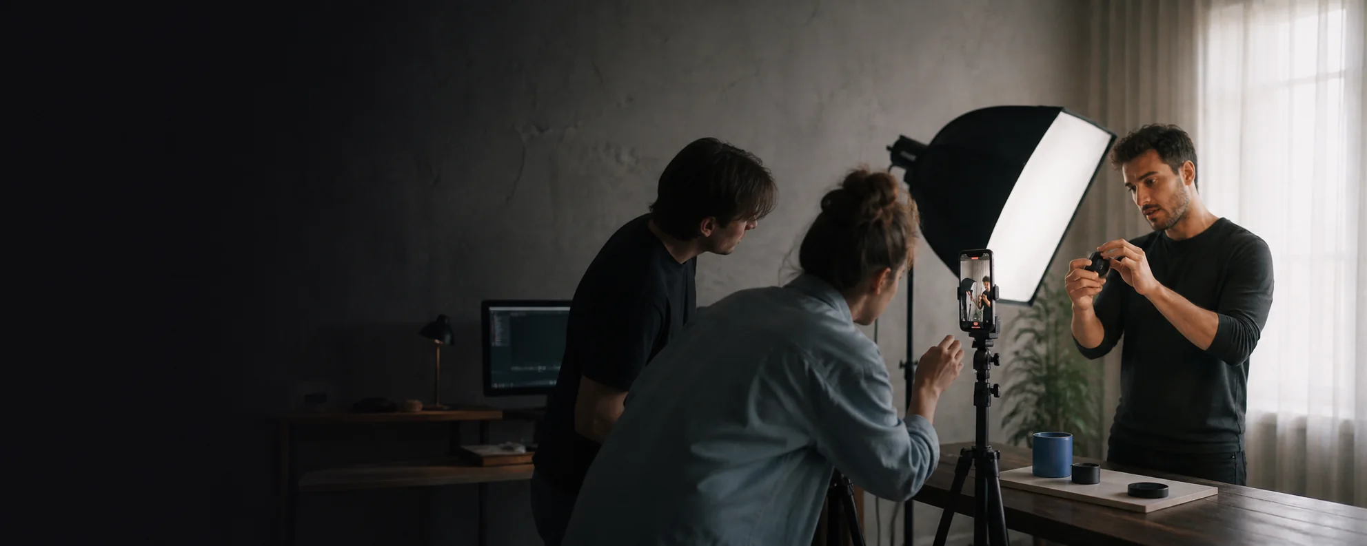 A production team filming a vertical product video